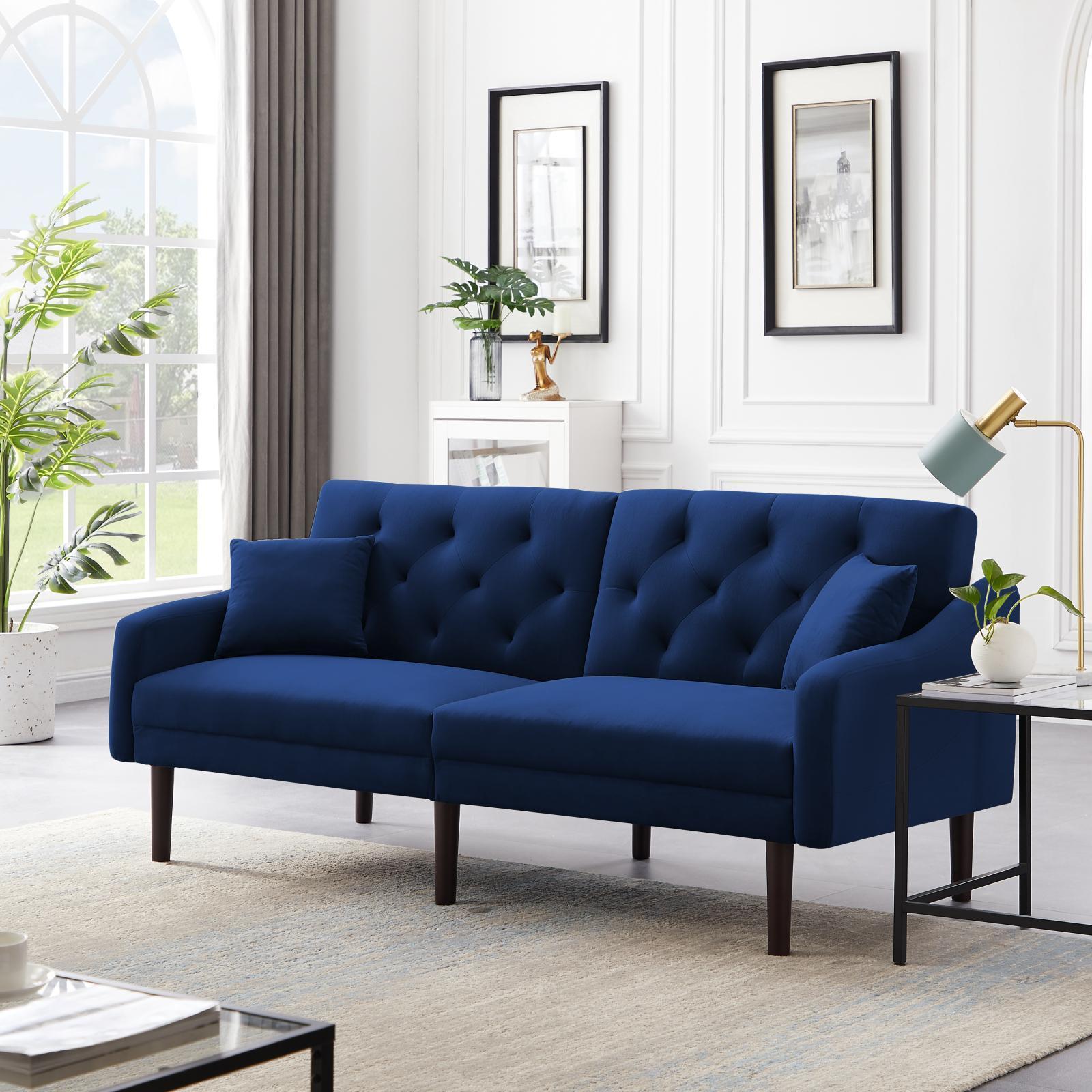 Best 2-Seater Sofa Compacet Sectinal Futon Sofa Sleeper ,Sofa Bed with 2 Pillows ,Blue Velvet